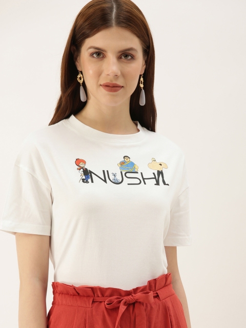 

NUSH Women White Printed Round Neck Boxy T-shirt