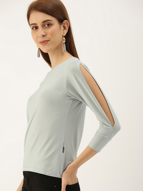 

NUSH Women Grey Solid Pure Cotton Top