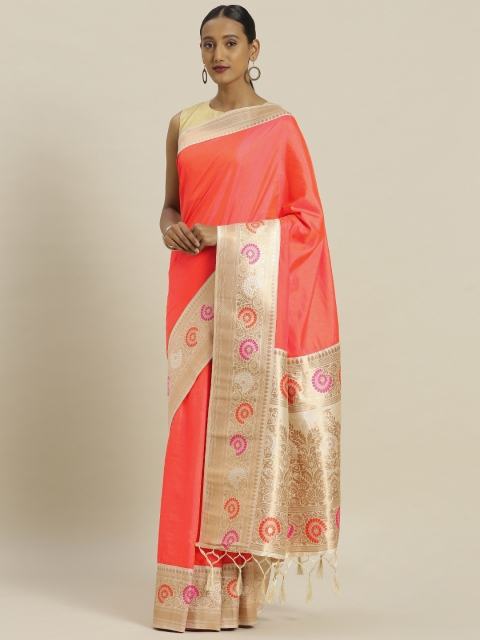 

Mitera Coral Orange & Cream-Coloured Silk Blend Solid Banarasi Saree