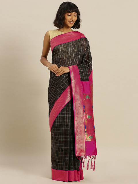 

Mitera Black Cotton Blend Woven Design Paithani Saree