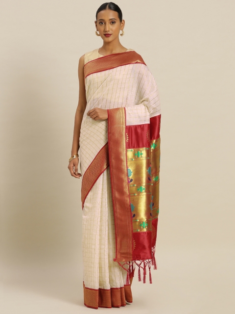 

Mitera Cream-Coloured & Red Cotton Blend Checked Paithani Saree