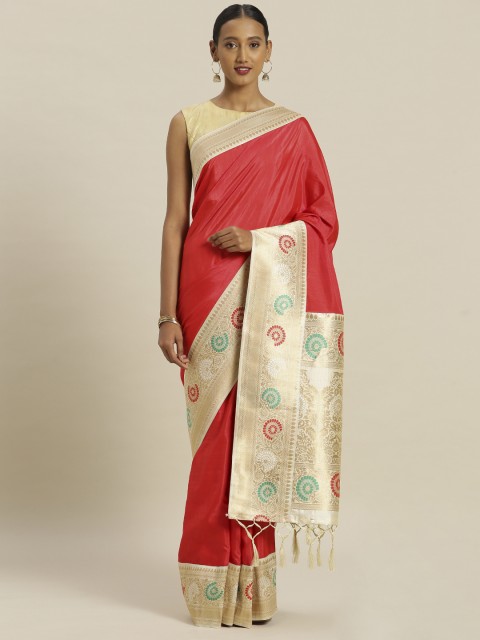 

Mitera Red & Cream-Coloured Silk Blend Solid Banarasi Saree