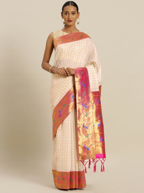 

Mitera Cream-Coloured & Pink Cotton Blend Checked Paithani Saree