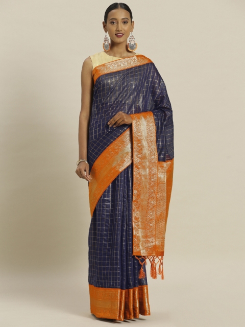 

Mitera Navy Blue & Orange Cotton Blend Checked Banarasi Saree