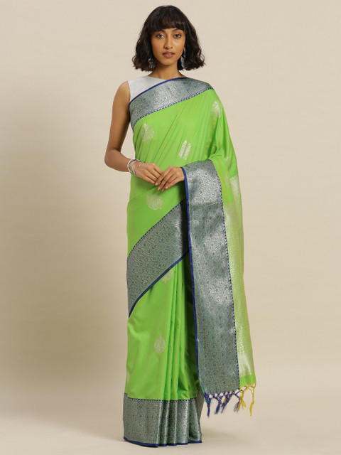

Mitera Fluorescent Green & Silver-Toned Silk Blend Woven Design Banarasi Saree