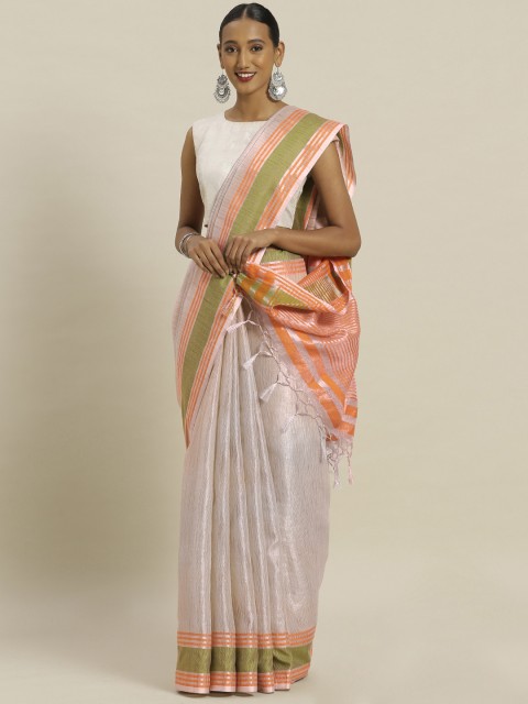 

Mitera Silver-Toned & Orange Poly Silk Woven Design Saree