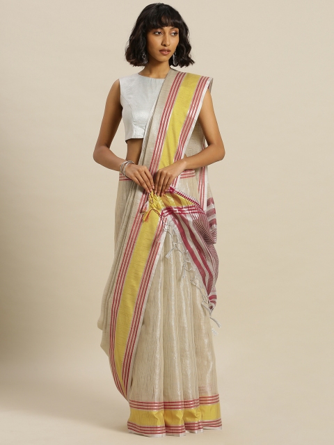 

Mitera Beige & Red Poly Silk Solid Saree