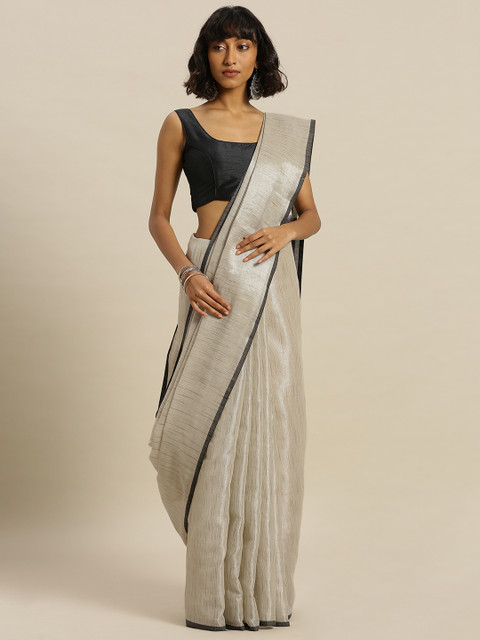

Mitera Off-White Solid Poly Silk Saree