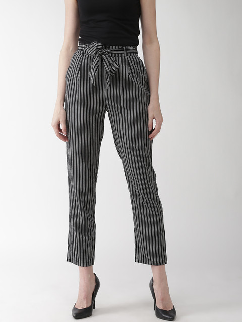 

plusS Women Black & White Straight Fit Striped Cropped Trousers