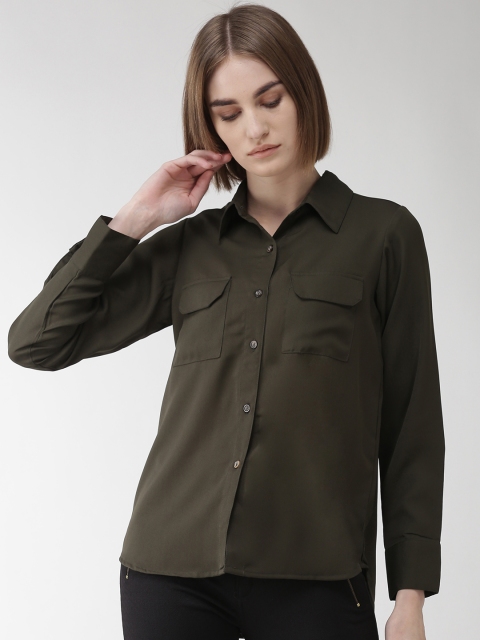 

plusS Women Olive Green Solid Casual Shirt