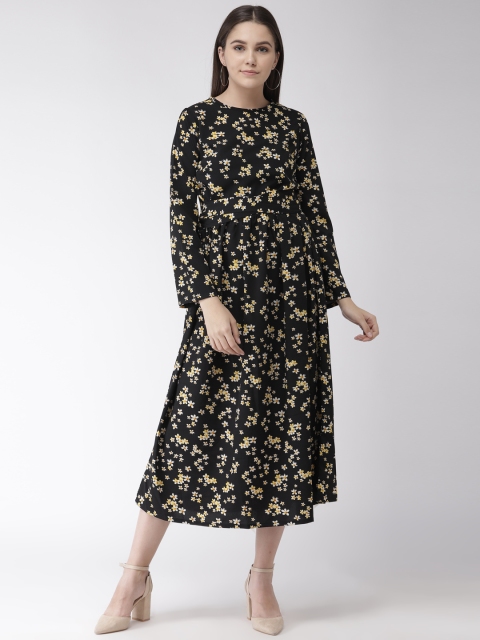 

plusS Women Black & Yellow Floral Printed A-Line Dress