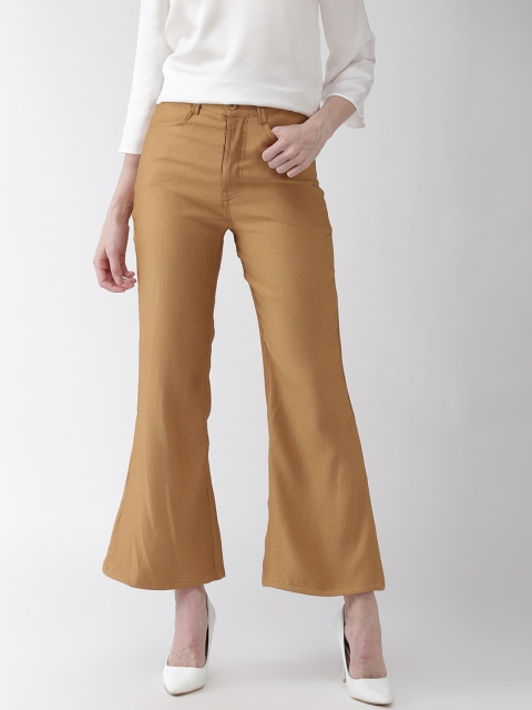 

plusS Women Khaki Flared Self-Striped Cropped Bootcut Trousers
