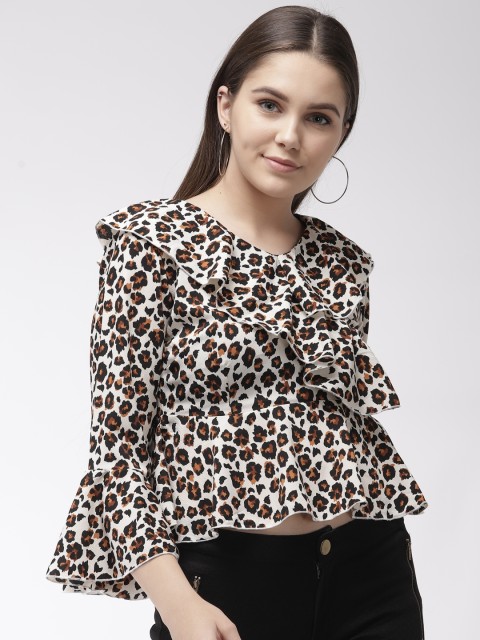

plusS Women Off-White & Brown Printed Cropped A-Line Top