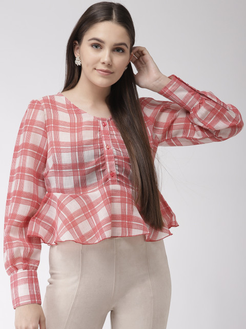

plusS Women Red & White Semi-Sheer Checked A-Line Top