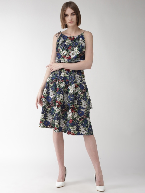 

plusS Women Blue Tropical Printed Fit & Flare Dress