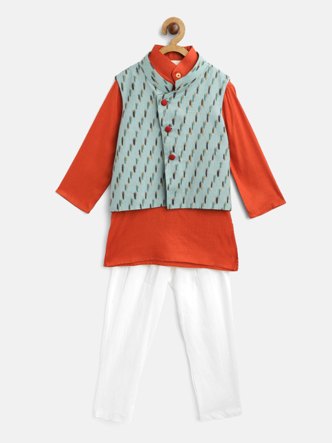 

Cute Couture Boys Orange & White Solid Kurta with Churidar & Nehru Jacket