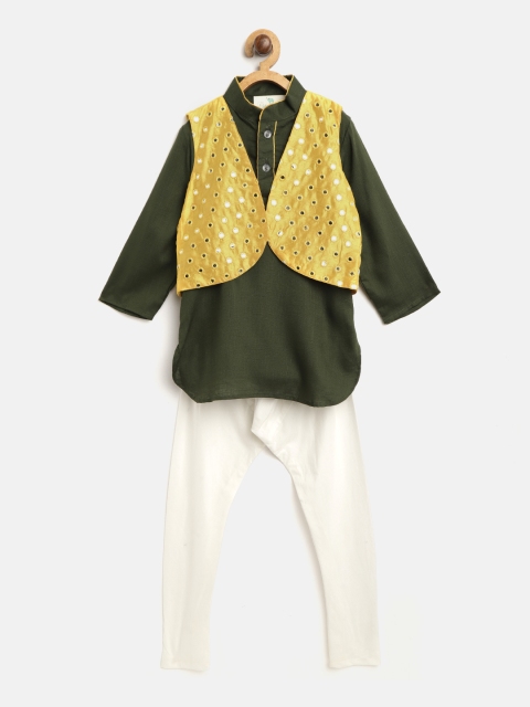 

Cute Couture Boys Olive Green & White Solid Kurta with Churidar & Ethnic Jacket