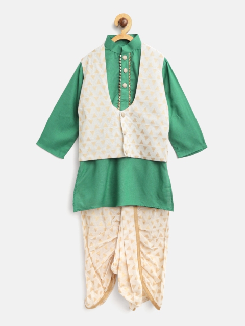 

Cute Couture Boys Green & Off-White Solid Kurta with Dhoti Pants & Ethnic Jacket