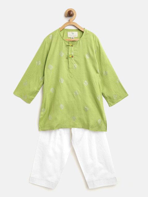 

Cute Couture Boys Green & White Printed Kurta with Pyjamas