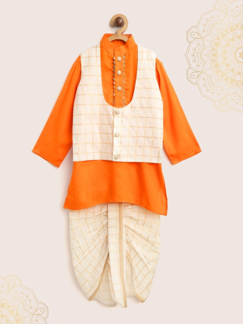 

Cute Couture Boys Orange & Off-White Solid Kurta with Dhoti Pants & Ethnic Jacket
