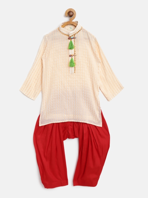 

Cute Couture Boys Beige & Red Striped Kurta with Salwar