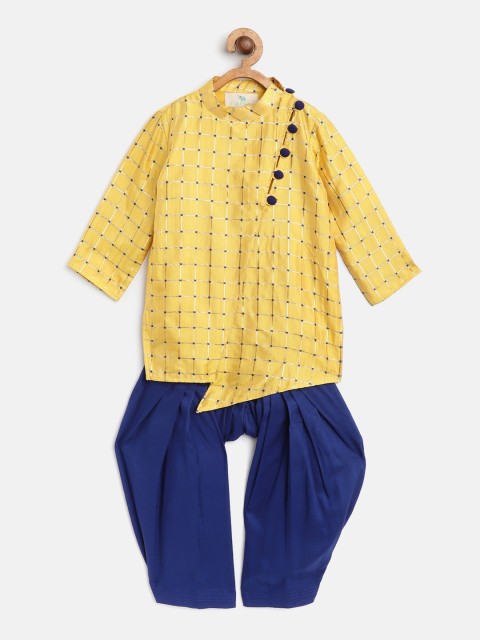 

Cute Couture Boys Yellow & Navy Checked Angrakha Kurta with Patiala
