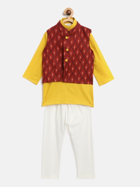 

Cute Couture Boys Mustard Yellow & White Solid Kurta with Pyjamas & Nehru Jacket