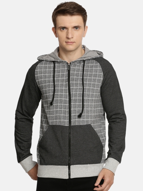 

ARISE Men Charcoal Grey & White Checked Hooded Sweatshirt