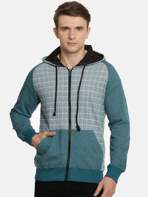 

ARISE Men Teal Blue & White Checked Hooded Sweatshirt