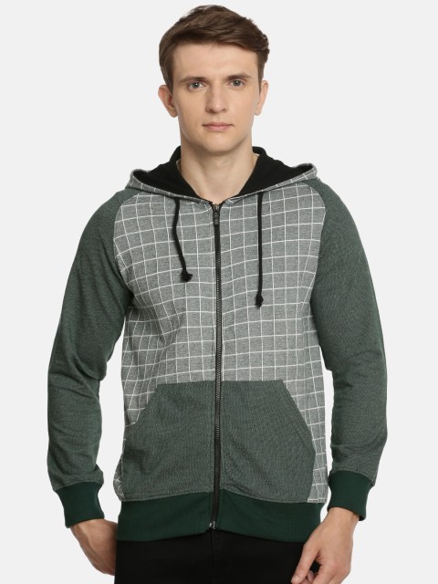 

ARISE Men Olive Green & White Checked Hooded Sweatshirt