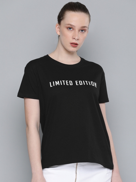 

DILLINGER Women Black White Printed Round Neck Boxy Regular Pure Cotton T-shirt