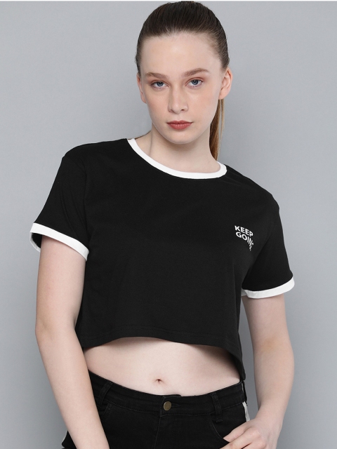 

DILLINGER Women Black Solid Round Neck Boxy Crop Pure Cotton T-shirt