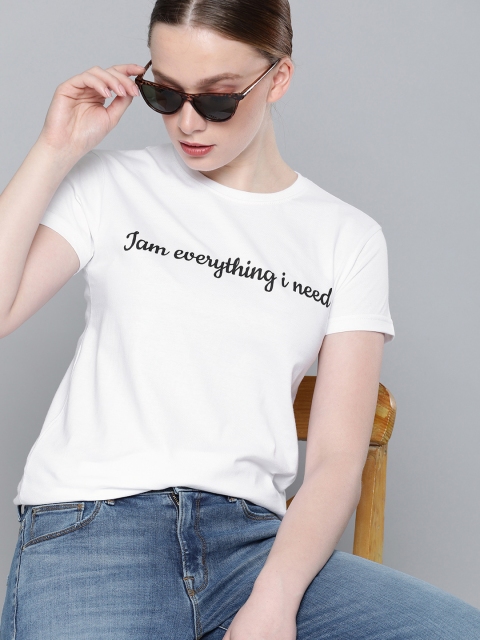

DILLINGER Women White Printed Round Neck Regular Fit Pure Cotton T-shirt