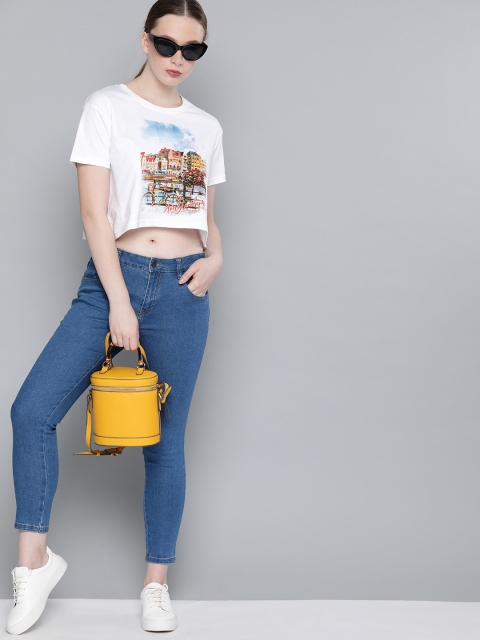 

DILLINGER Women White Printed Round Neck Boxy Crop Pure Cotton T-shirt