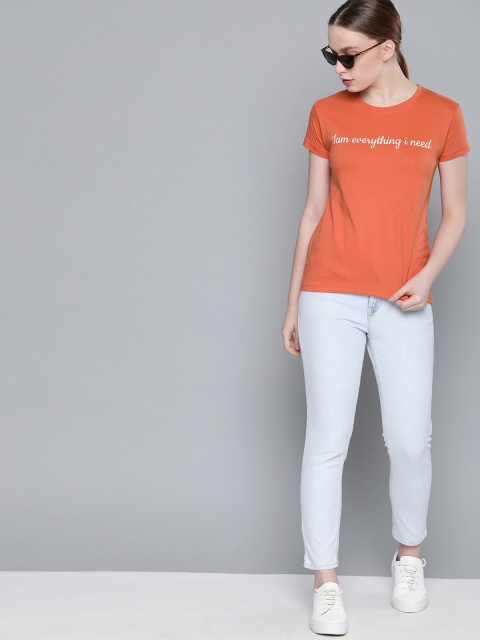 Women Coral Orange Printed Round Neck Regular Fit Pure Cotton T-shirt