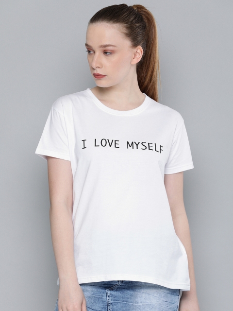 

DILLINGER Women White Printed Round Neck Boxy Regular Pure Cotton T-shirt