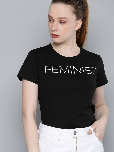 

DILLINGER Women Black White Printed Round Neck Regular Fit Pure Cotton T-shirt
