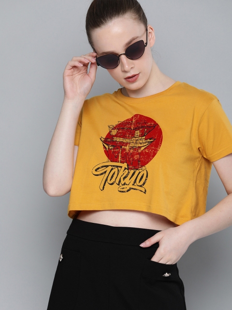 

DILLINGER Women Mustard Yellow Printed Cropped Boxy Top