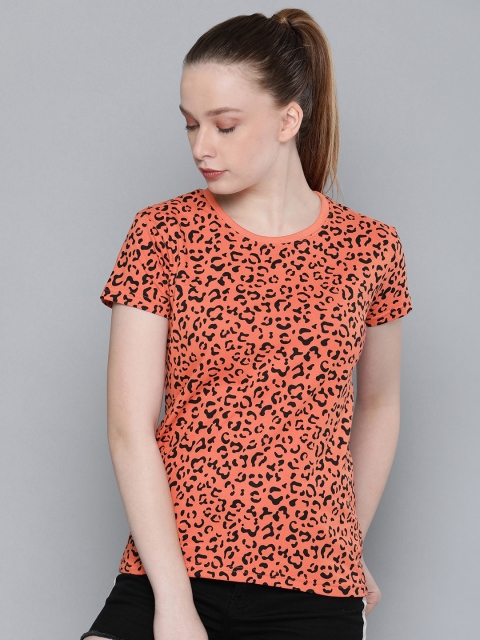 

DILLINGER Women Orange Black Animal Printed Round Neck Regular Fit Pure Cotton T-shirt