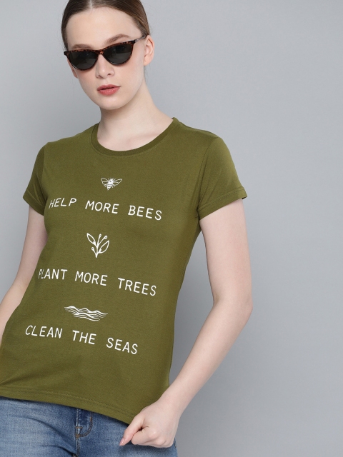 

DILLINGER Women Olive Green Printed Round Neck Regular Fit Pure Cotton T-shirt