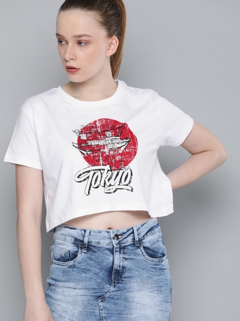 

DILLINGER Women White Printed Cropped Boxy Pure Cotton Top