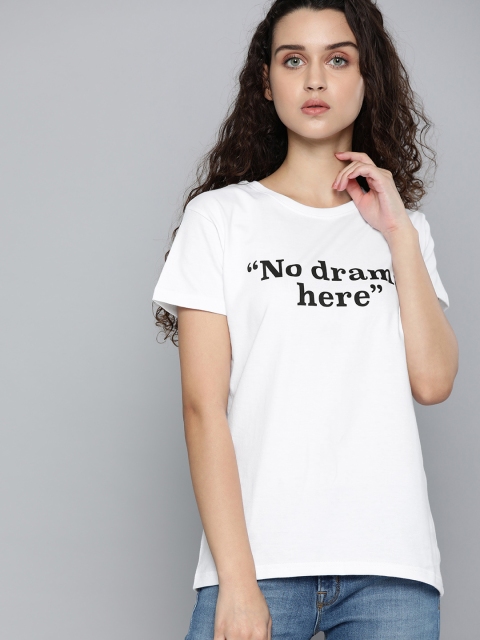 

DILLINGER Women White Printed Round Neck Regular Fit Pure Cotton T-shirt