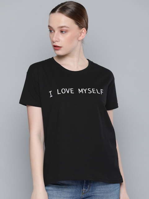 

DILLINGER Women Black Printed Round Neck Boxy Regular Pure Cotton T-shirt