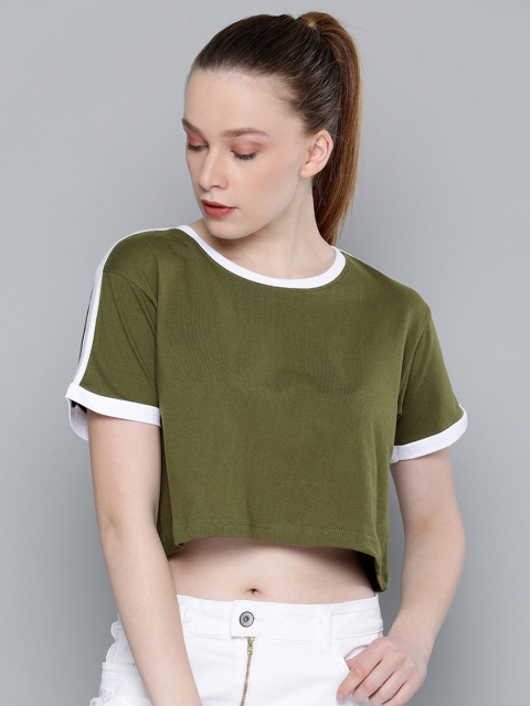 

DILLINGER Women Olive Green Solid Round Neck Boxy Crop Pure Cotton T-shirt