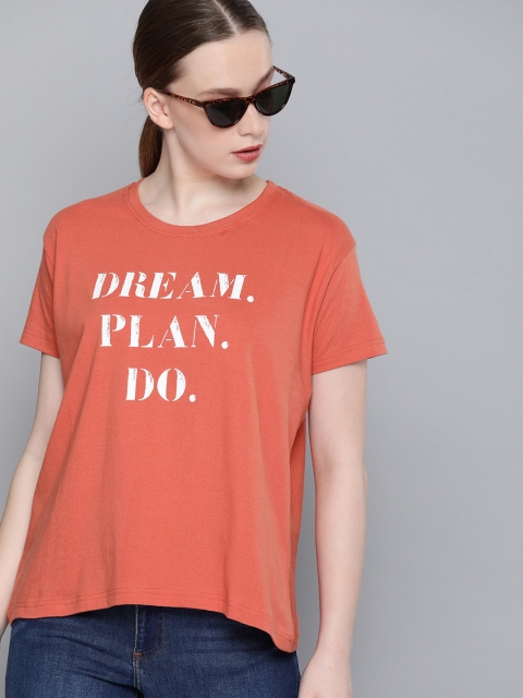 

DILLINGER Women Coral Printed Round Neck Regular Fit Pure Cotton T-shirt