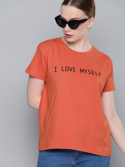 

DILLINGER Women Coral Printed Round Neck Boxy Regular Pure Cotton T-shirt