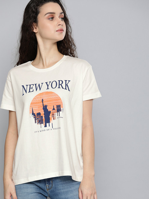 

DILLINGER Women Off-White Printed Round Neck Regular Fit Pure Cotton T-shirt