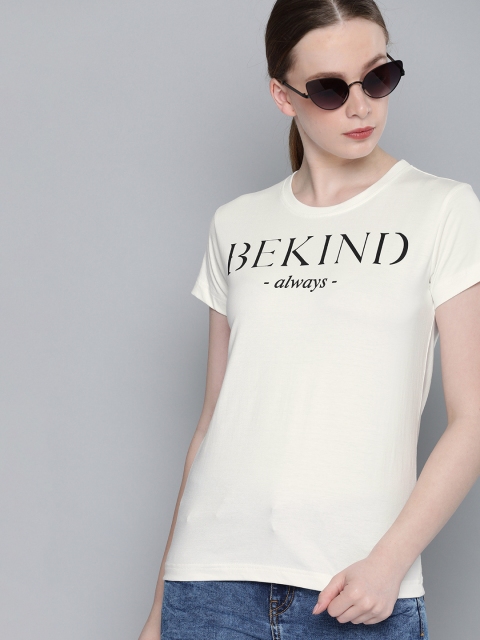 

DILLINGER Women Off-White Printed Round Neck Regular Fit Pure Cotton T-shirt