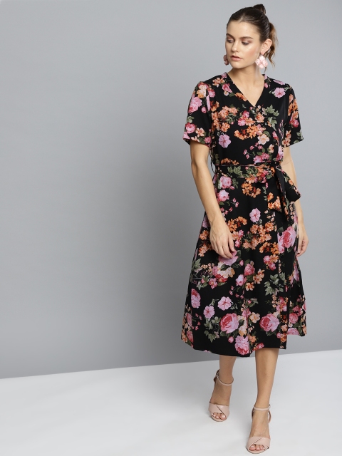 

VividArtsy Women Black & Pink Floral Print Wrap Dress