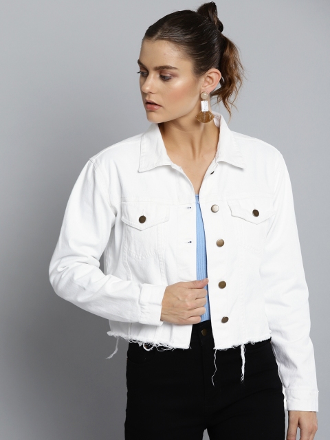 

VividArtsy Women White Solid Denim Jacket